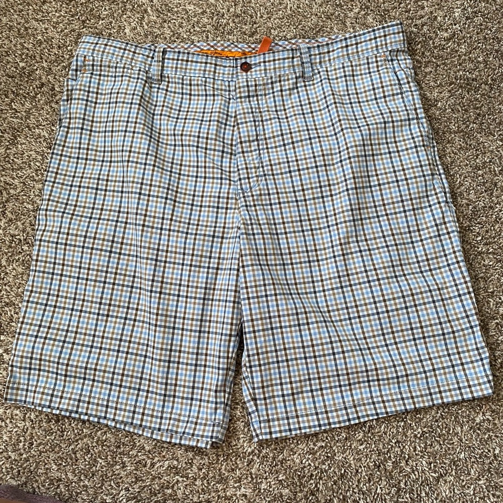 Tommy Bahama Mens Size 38 Plaid Casual Comfort Flat Front Chino Shorts Nylon